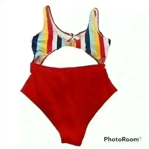 Blue, yellow, red, & white striped once piece swimsuit size 2XL - Picture 4 of 7